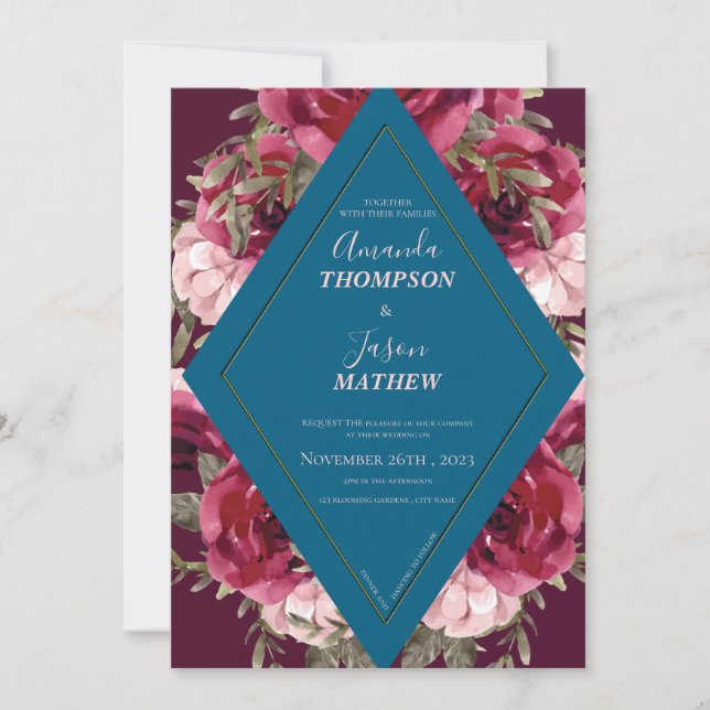 Beautiful Blue Burgundy Blush Pink Floral Wedding Invitation (Front)