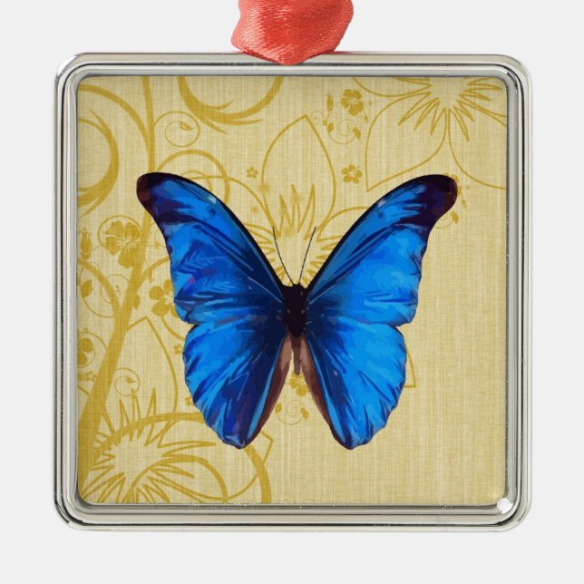 Beautiful Blue Butterfly Vintage art Metal Ornament (Front)