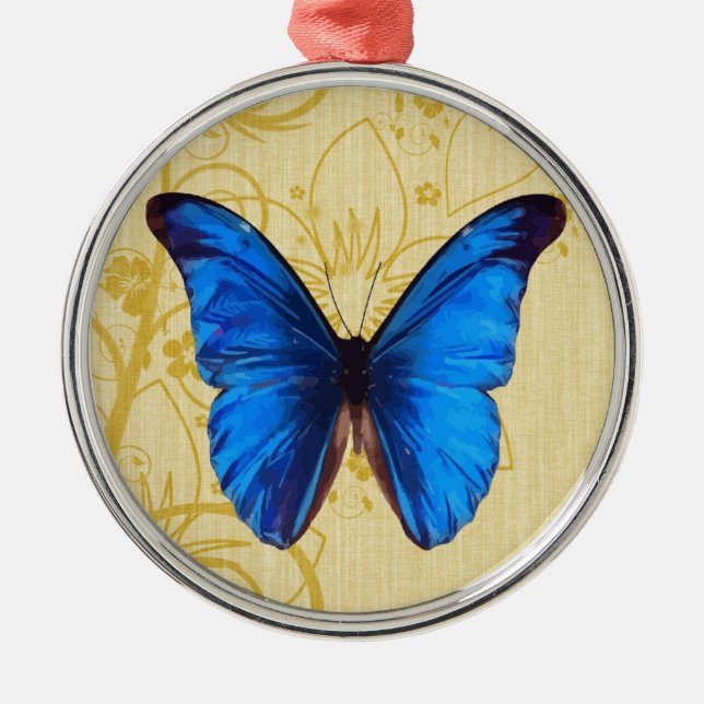 Beautiful Blue Butterfly Vintage art Metal Ornament (Front)