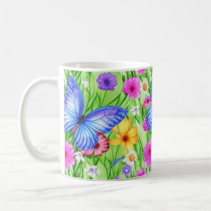 Beautiful Blue Butterfly with flowers Watercolor  Coffee Mug