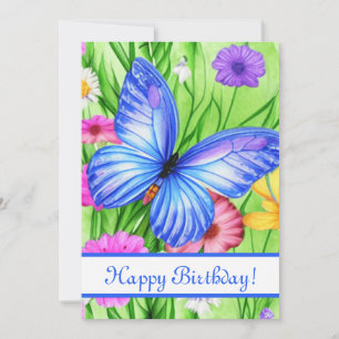 Beautiful Blue Butterfly with flowers Watercolor Holiday Card