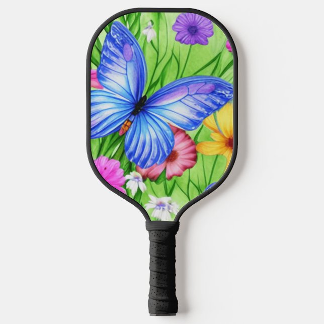 Beautiful Blue Butterfly with flowers Watercolor  Pickleball Paddle (Front)