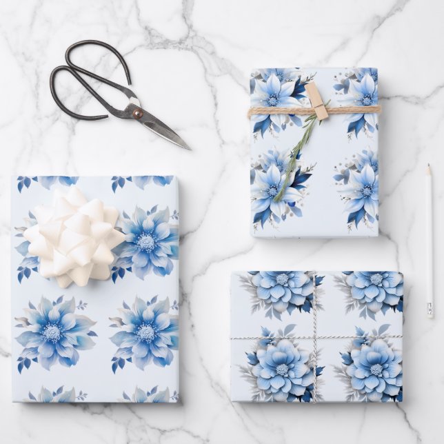 Beautiful Blue Christmas Flowers  Wrapping Paper Sheet (Front)