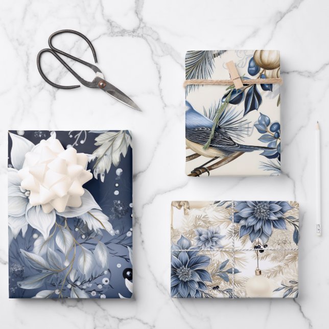 Beautiful Blue Christmas Mix Wrapping Paper Sheet (Front)