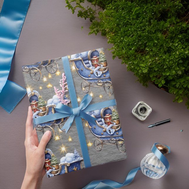 Beautiful Blue Christmas Sleighs Steel Grey Wrapping Paper (Creator Uploaded)