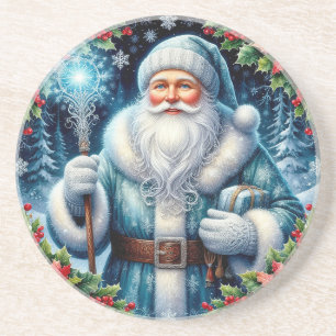 Beautiful Blue-Clad Santa With Winter Decorations Coaster