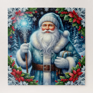 Beautiful Blue-Clad Santa With Winter Decorations Jigsaw Puzzle