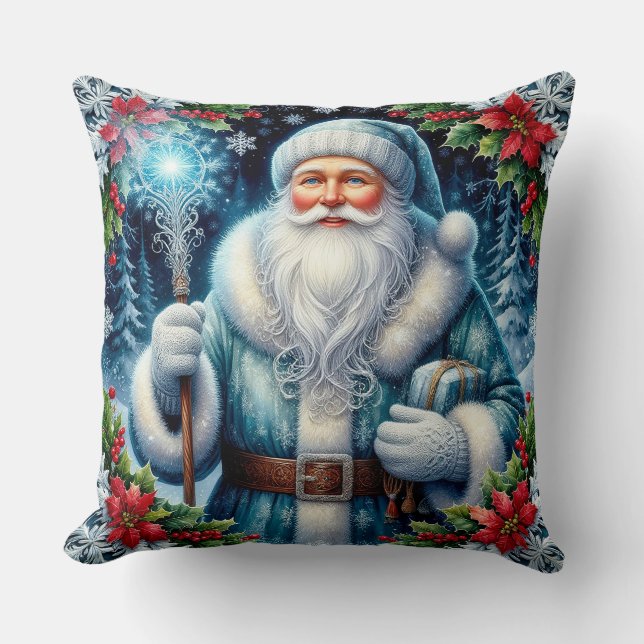 Beautiful Blue-Clad Santa With Winter Decorations Throw Pillow (Front)