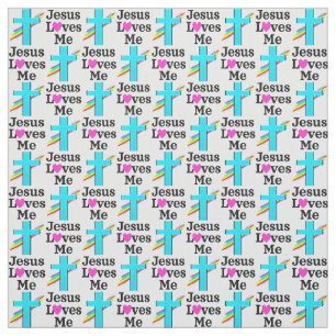 BEAUTIFUL BLUE CROSS AND RAINBOW JESUS LOVES ME FABRIC
