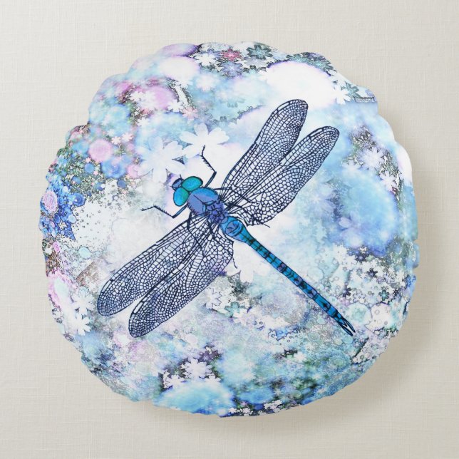 Beautiful Blue Dragonfly Round Pillow (Front)