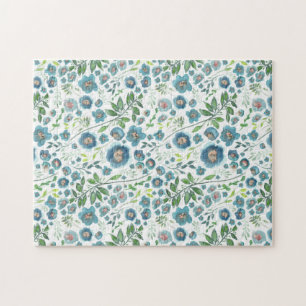 Beautiful Blue Elegant Watercolor Flowers Jigsaw Puzzle