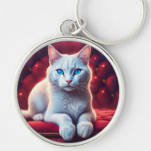 Beautiful Blue Eyed Albino Cat On Exotic Red Sofa Keychain