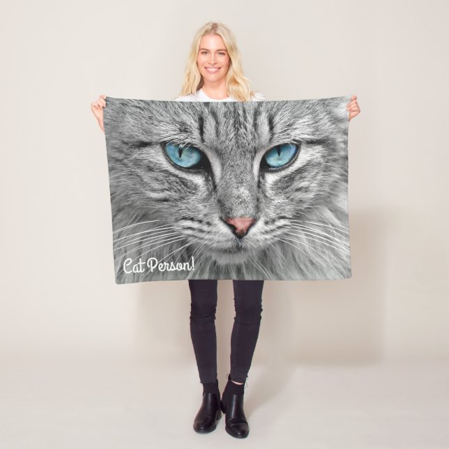Beautiful Blue Eyed Grey and White Cat Fleece Blanket (In Situ)
