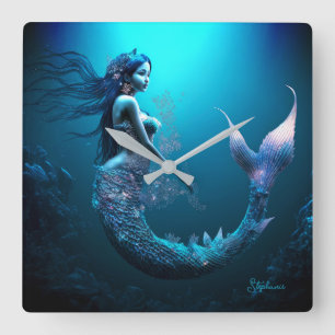 Beautiful Blue Fantasy Mermaid Square Wall Clock