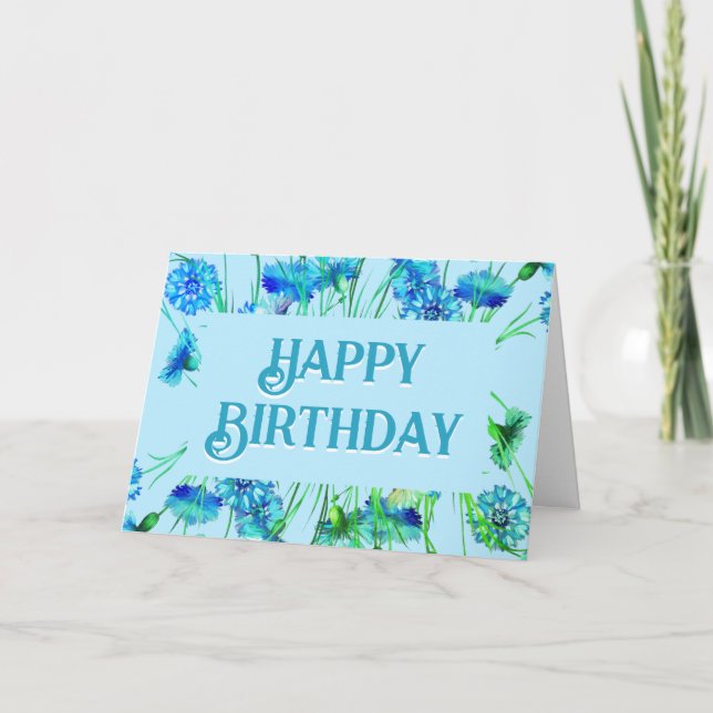 Beautiful Blue Floral Art Birthday Card (Front)