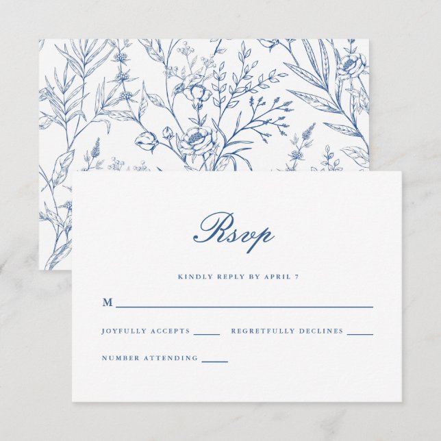 Beautiful Blue Floral Classic Wedding Rsvp Card (Front/Back)