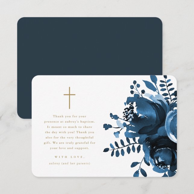 Beautiful Blue Floral Cross Baptism Thank You (Front/Back)