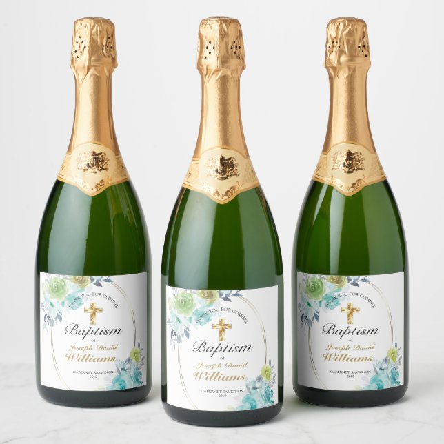 Beautiful Blue Floral Gold Cross Baby Baptism  Sparkling Wine Label (Bottles)