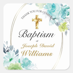 Beautiful Blue Floral Gold Cross Baptism Thank You Square Sticker