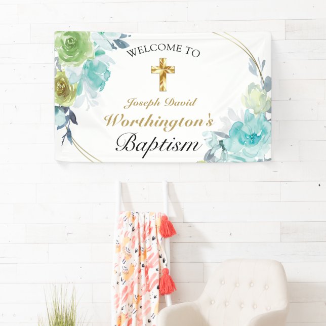 Beautiful Blue Floral Gold Cross Baptism Welcome Banner (Insitu)