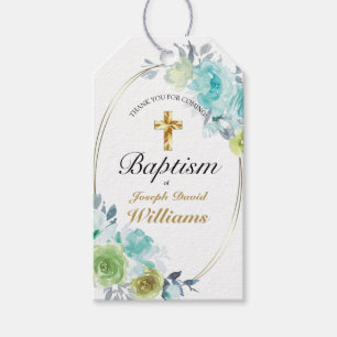 Beautiful Blue Floral Golden Cross Baby Baptism Gift Tags