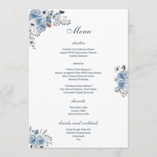 Beautiful Blue Floral Menu (Front)