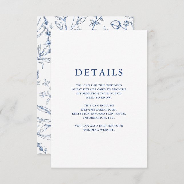 Beautiful Blue Floral Wedding Guest Details Enclosure Card (Front/Back)