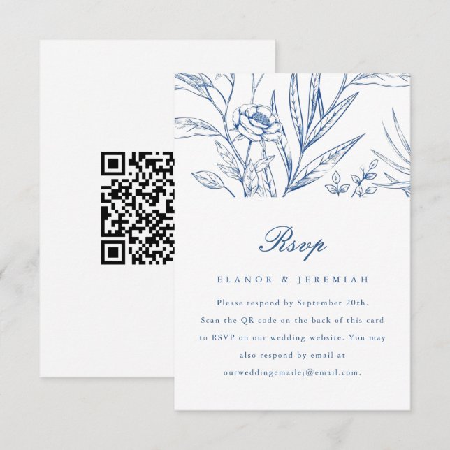 Beautiful Blue Floral Wedding RSVP with QR Code (Front/Back)