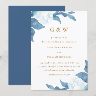 Beautiful Blue Floral with Gold Colour Monograms Invitation