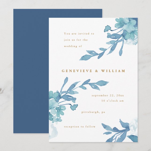 Beautiful Blue Floral with Gold Colour Text Invitation (Front/Back)