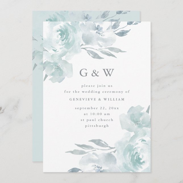Beautiful Blue Floral with Monograms Wedding Invitation (Front/Back)
