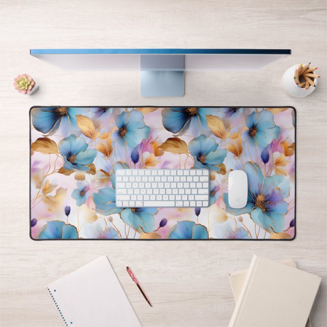 Beautiful Blue Flowers Alcohol Ink in Soft Pastels Desk Mat (Office 1)