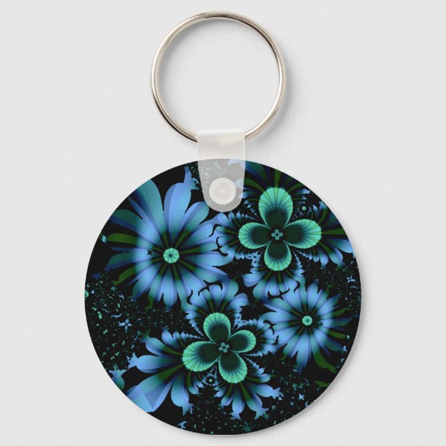 Beautiful Blue Flowers Fine Fractal Art Keychain (Front)