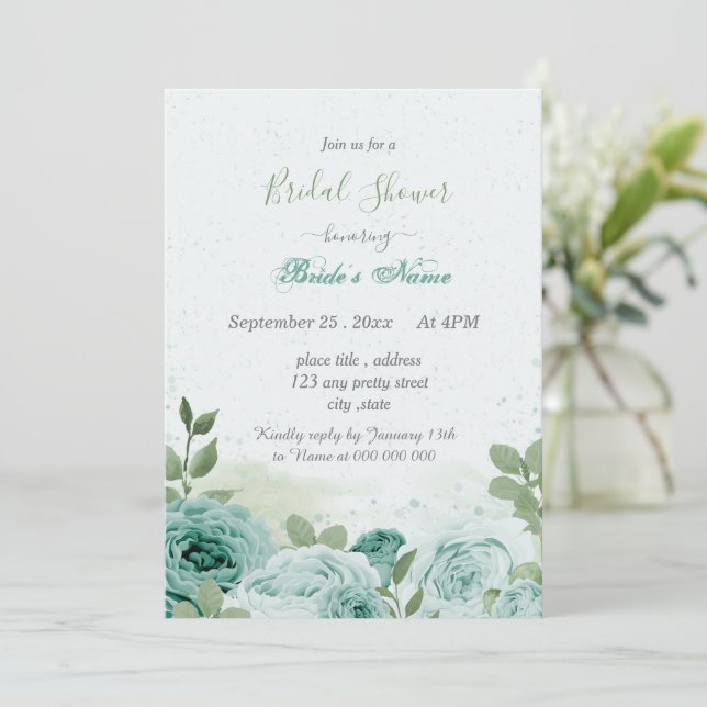 beautiful blue flowers green leaves bridal shower invitation (Standing Front)