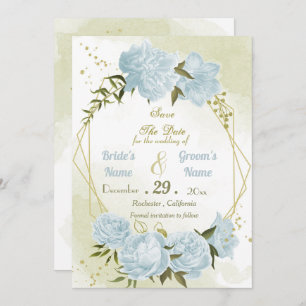 beautiful blue flowers green leaves geometric save the date