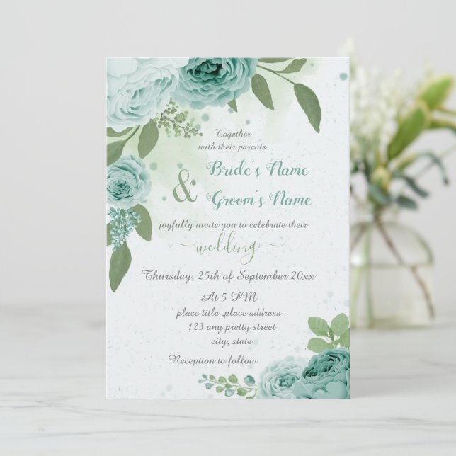 beautiful blue flowers green leaves wedding invitation (Standing Front)