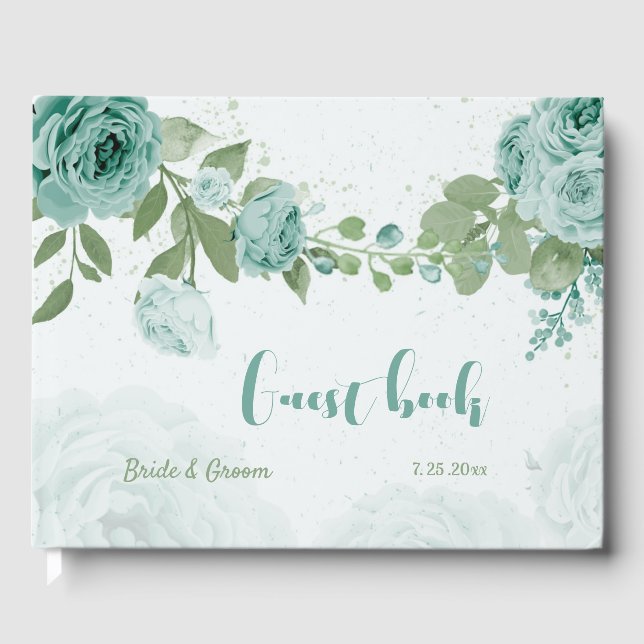 beautiful blue flowers greenery botanical wedding guest book (Front)