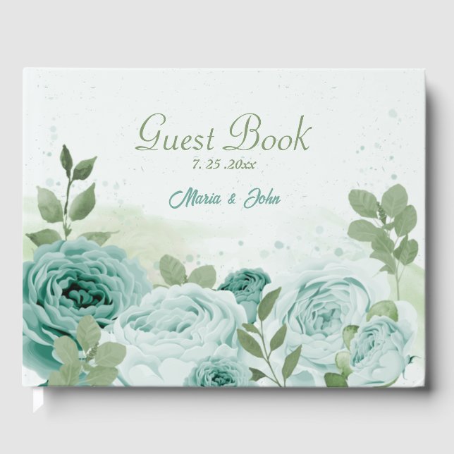 beautiful blue flowers greenery botanical wedding guest book (Front)