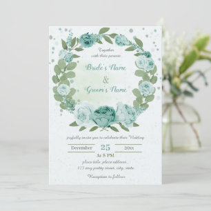 beautiful blue flowers greenery wreath wedding invitation