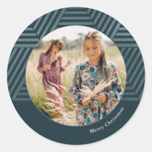 Beautiful Blue Geometric Photo Christmas Holiday Classic Round Sticker
