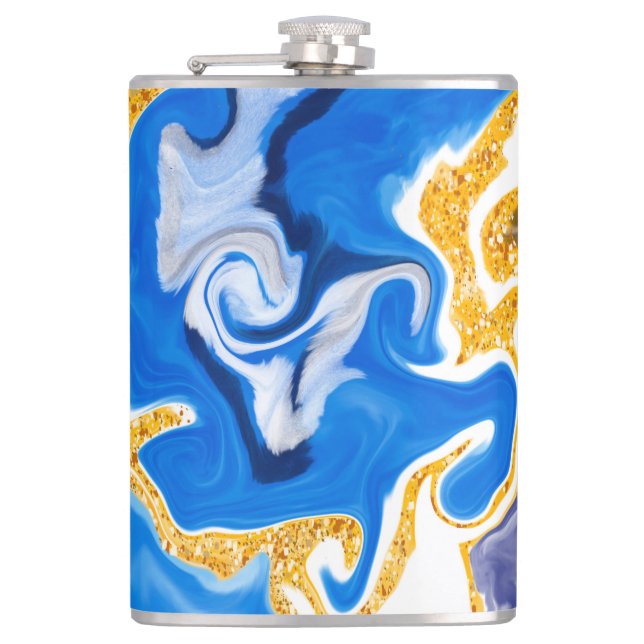 Beautiful Blue, Gold and White Swirls like Water   Hip Flask (Front)