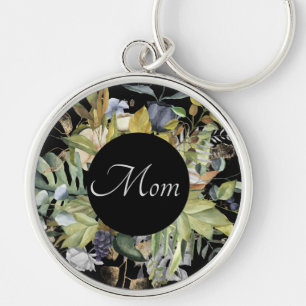 Beautiful Blue & Green Floral Frame Mom Keychain