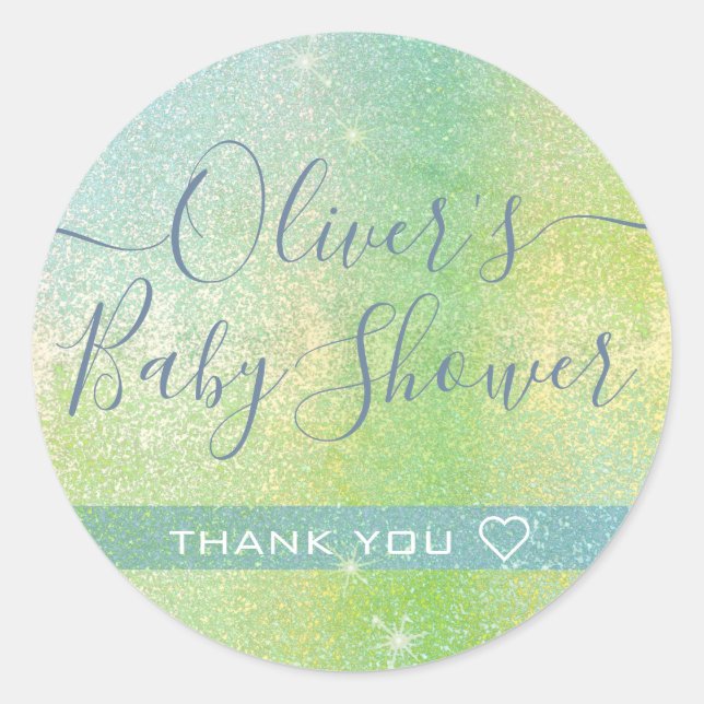 Beautiful Blue Green Glitter Baby Shower Thank You Classic Round Sticker (Front)