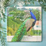 Beautiful Blue Green Peacock Always Sparkle Quote Stone Coaster<br><div class="desc">“Always sparkle.” There’s nothing quite as stunning as a royal blue peacock with its green gem-hued feathers. Celebrate its beauty every day on this photography stone coaster while you relax with your favourite beverage. You can easily personalize this stone coaster plus I also offer customization on any product. Please message...</div>