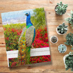 Beautiful Blue Green Peacock Photo Stylish Chic Jigsaw Puzzle<br><div class="desc">There’s nothing quite as stunning as a royal blue peacock with its blue green gem-hued feathers, against a bright red flowering bush overlooking a Southern California coastal harbour. Celebrate its beauty every day whenever you work on this unique, colourful photography jigsaw puzzle. Makes a great gift for someone special! Comes...</div>
