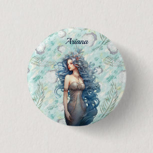 Beautiful Blue-Haired Mermaid 1 Inch Round Button