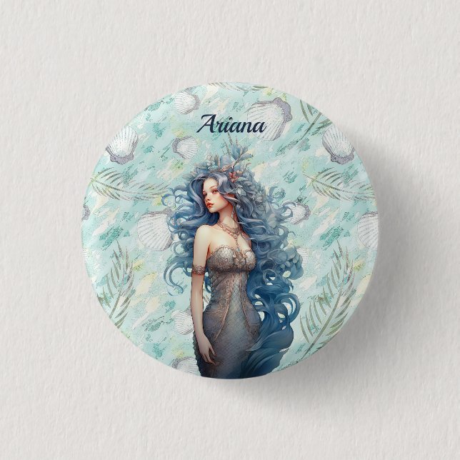Beautiful Blue-Haired Mermaid  1 Inch Round Button (Front)