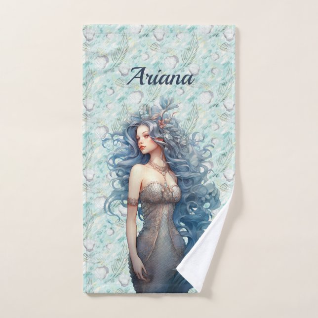 Beautiful Blue-Haired Mermaid  Bath Towel Set (Hand Towel)
