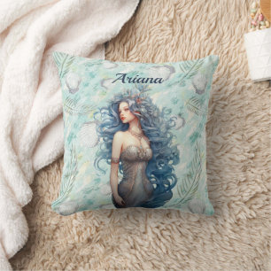 Beautiful Blue-Haired Mermaid  Throw Pillow