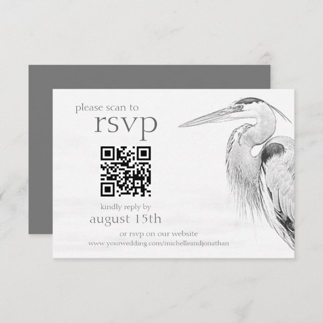 Beautiful Blue Heron Bird Sketch Wedding QR Code RSVP Card (Front/Back)